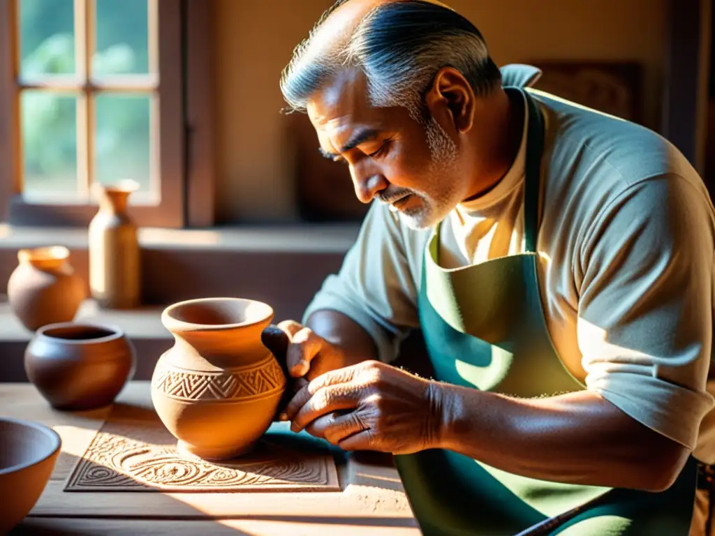 Un artesano experto en una escena serena, tallando cerámica tradicional a mano