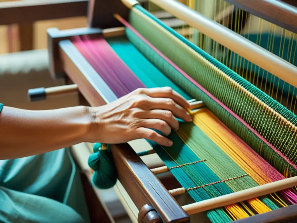 Un artesano experto teje con esmero hilos coloridos en telar tradicional