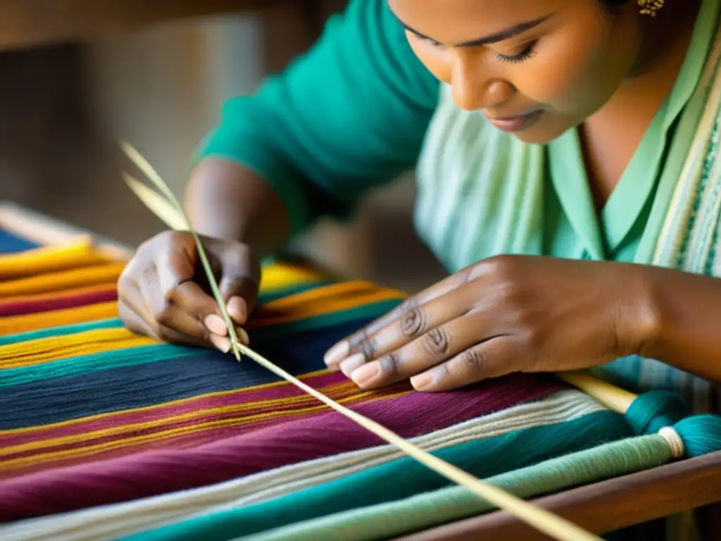 Un artesano experto tejiendo fibras sostenibles en un hermoso textil