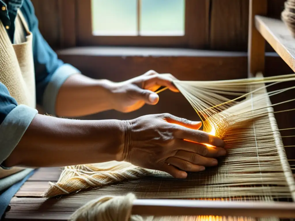 Un artesano experto teje meticulosamente fibras sostenibles para crear un textil tradicional