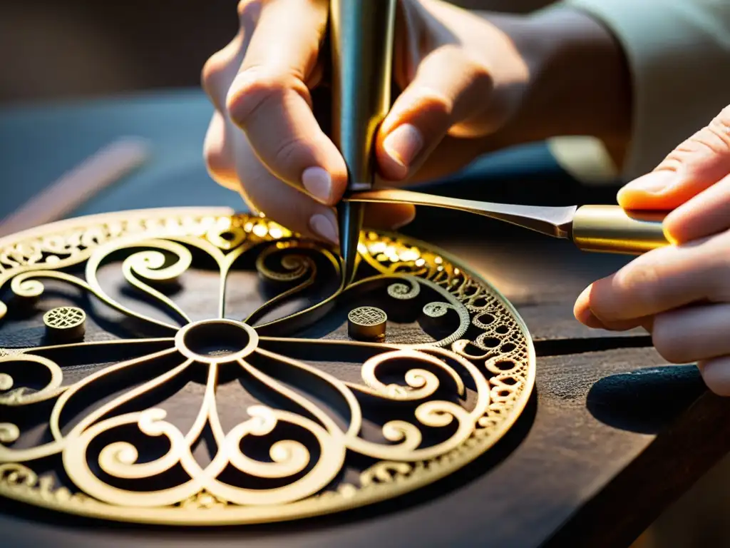 Un artesano experto crea una filigrana delicada con herramientas vintage en un taller cálido