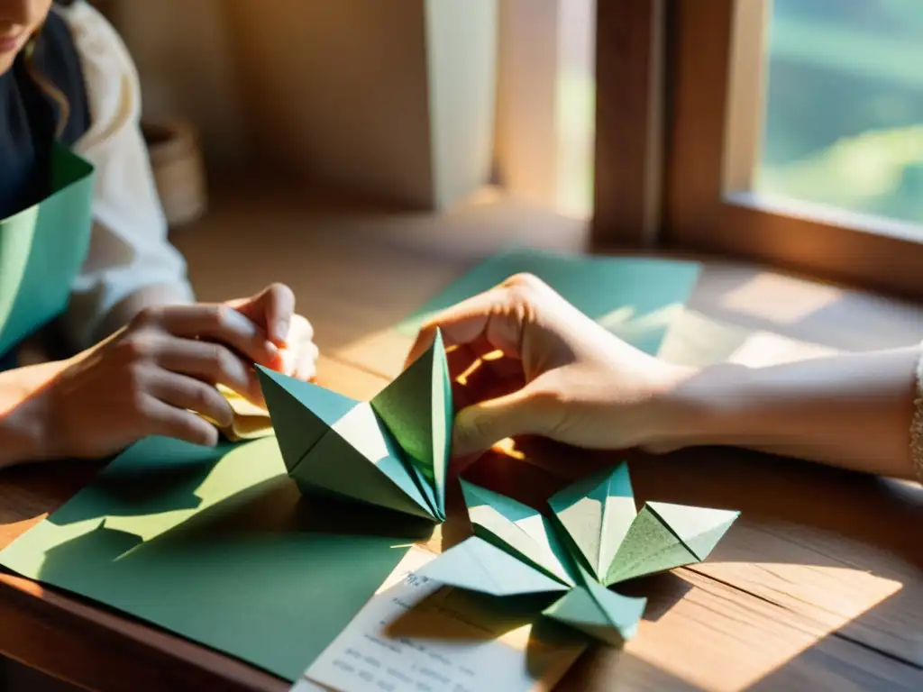 Un artesano experto da forma a figuras de origami con papel reciclado, en un taller cálido y nostálgico