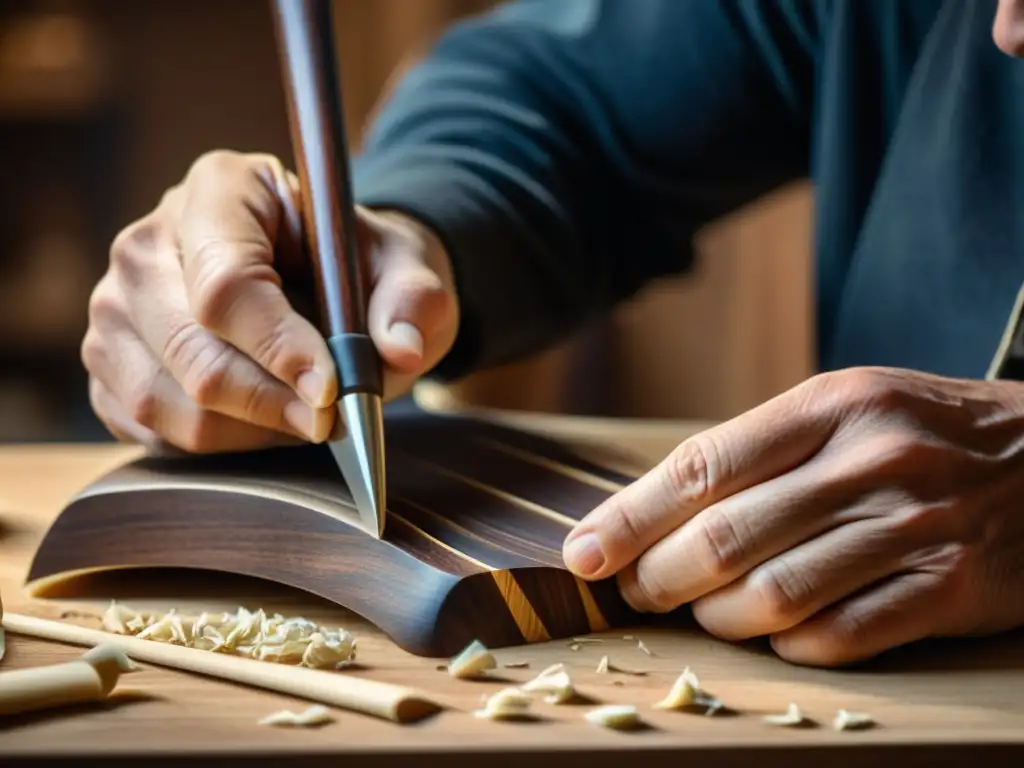 Un artesano experto da forma a un instrumento musical de madera oscura