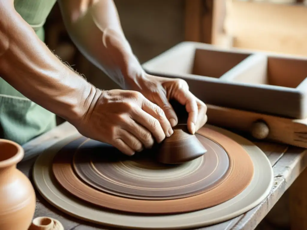 Un artesano experto da forma a un objeto tradicional a mano en un taller soleado