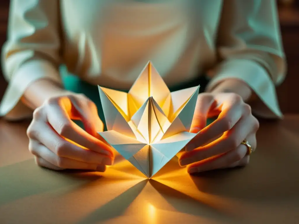 Un artesano experto da forma a papel reciclado en hermosos diseños de origami, iluminado por una lámpara vintage