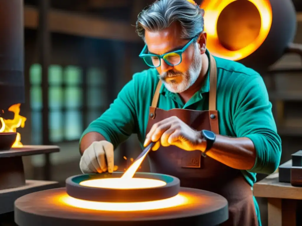 Un artesano experto utiliza gafas de realidad aumentada para dar forma a un vaso de vidrio