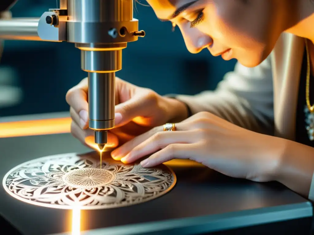 Un artesano experto realiza grabado láser en joyería artesanal, fusionando tecnología y tradición con precisión y creatividad