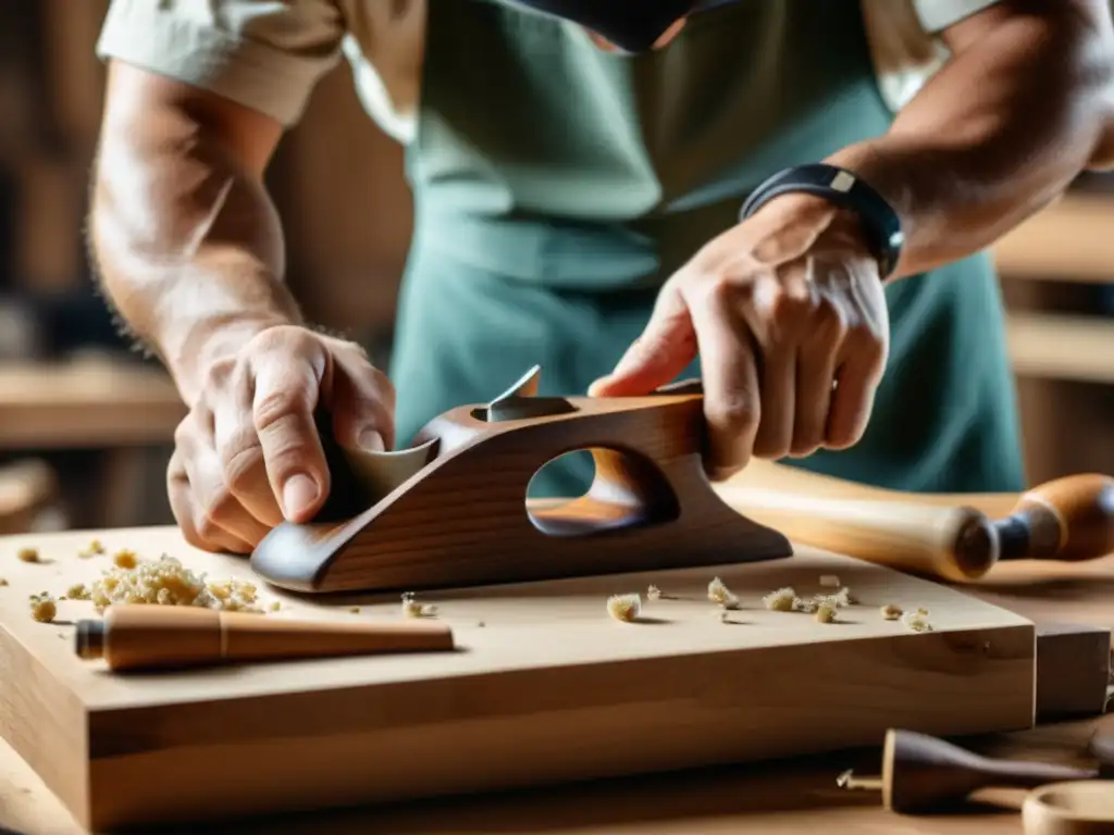 Un artesano experto construye una guitarra clásica con robótica, envuelto en la atmósfera cálida y nostálgica de su taller