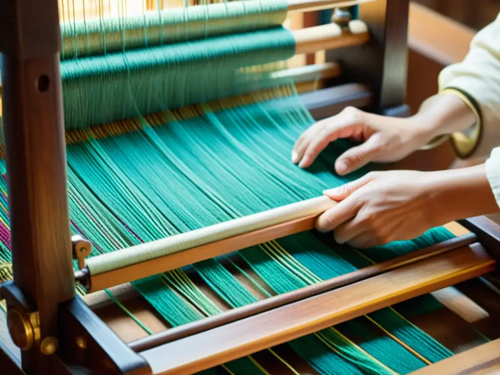 Un artesano experto teje con habilidad hilos coloridos en un telar de madera vintage