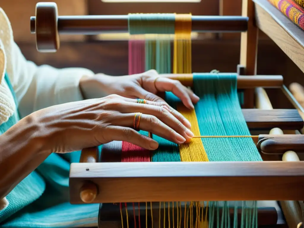 Un artesano experto teje con habilidad hilos coloridos en un telar de madera vintage, rodeado de carretes de hilo vibrante y textiles hechos a mano