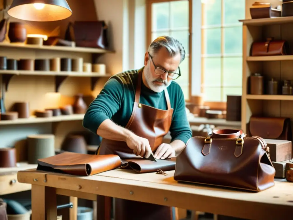 Un artesano experto crea una hermosa cartera de cuero en su taller vintage