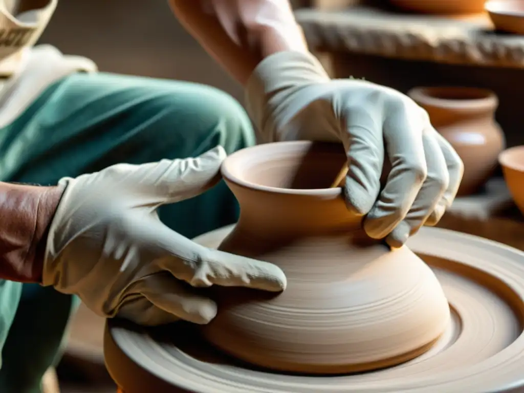 Un artesano experto moldea una hermosa pieza de cerámica en su taller, fusionando tradición y tecnología para crear diseño verde y avanzado