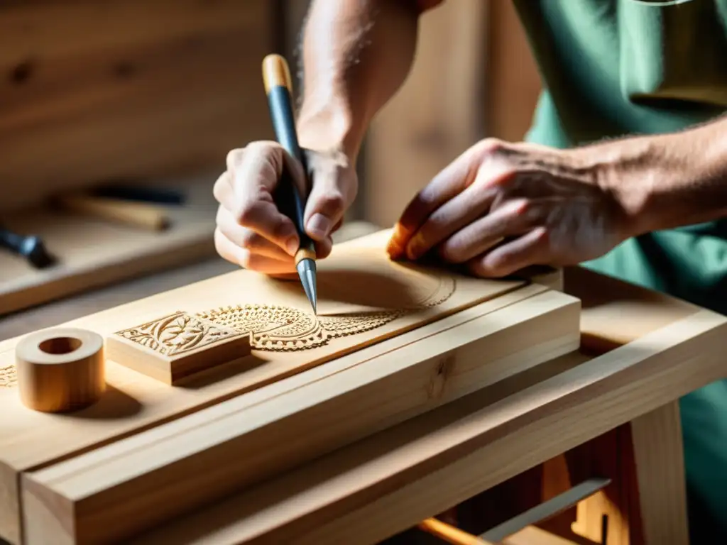 Un artesano experto trabaja con herramientas tradicionales, rodeado de cálida luz natural, creando una pieza de madera vintage