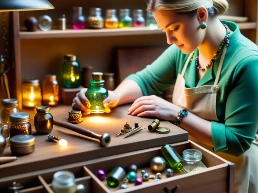 Artesano creando joyería con delicadeza Un artesano experto crea joyería con herramientas vintage en un taller cálido y nostálgico