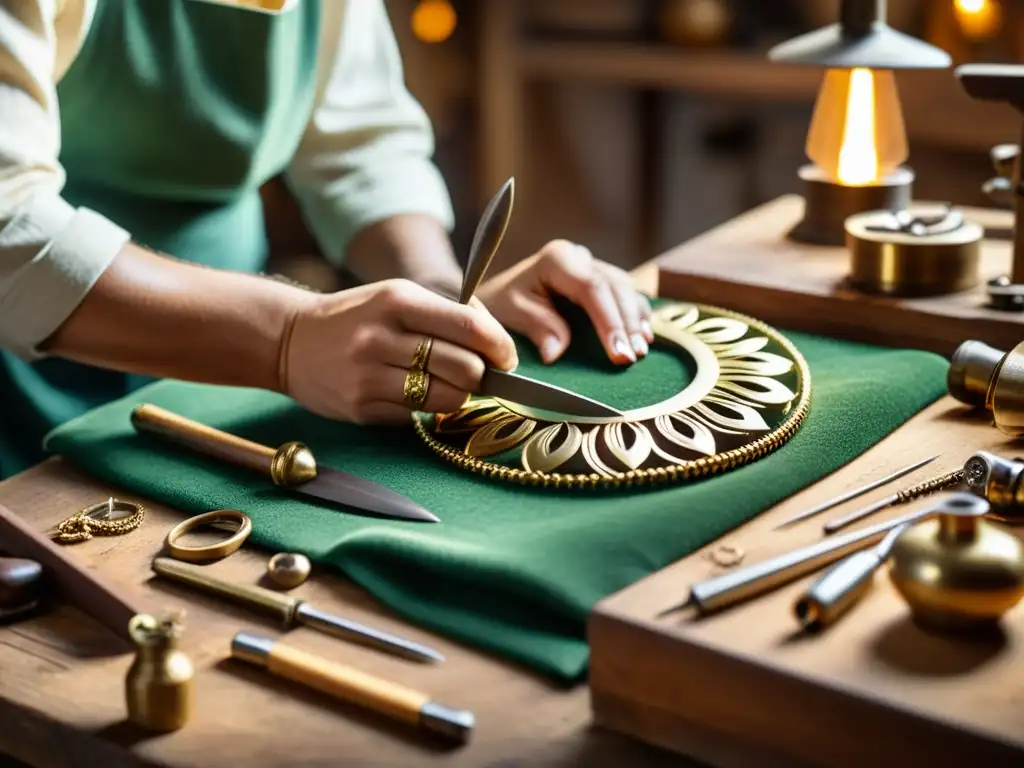 Artesano creando joyería con herramientas vintage Un artesano experto crea joyería con herramientas vintage en su taller, resaltando la artesanía auténtica