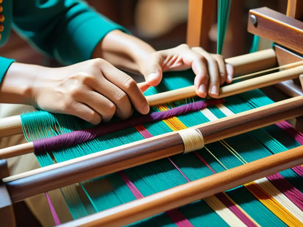 Un artesano experto teje delicadamente hilos de colores en un telar de madera, creando un vibrante patrón textil