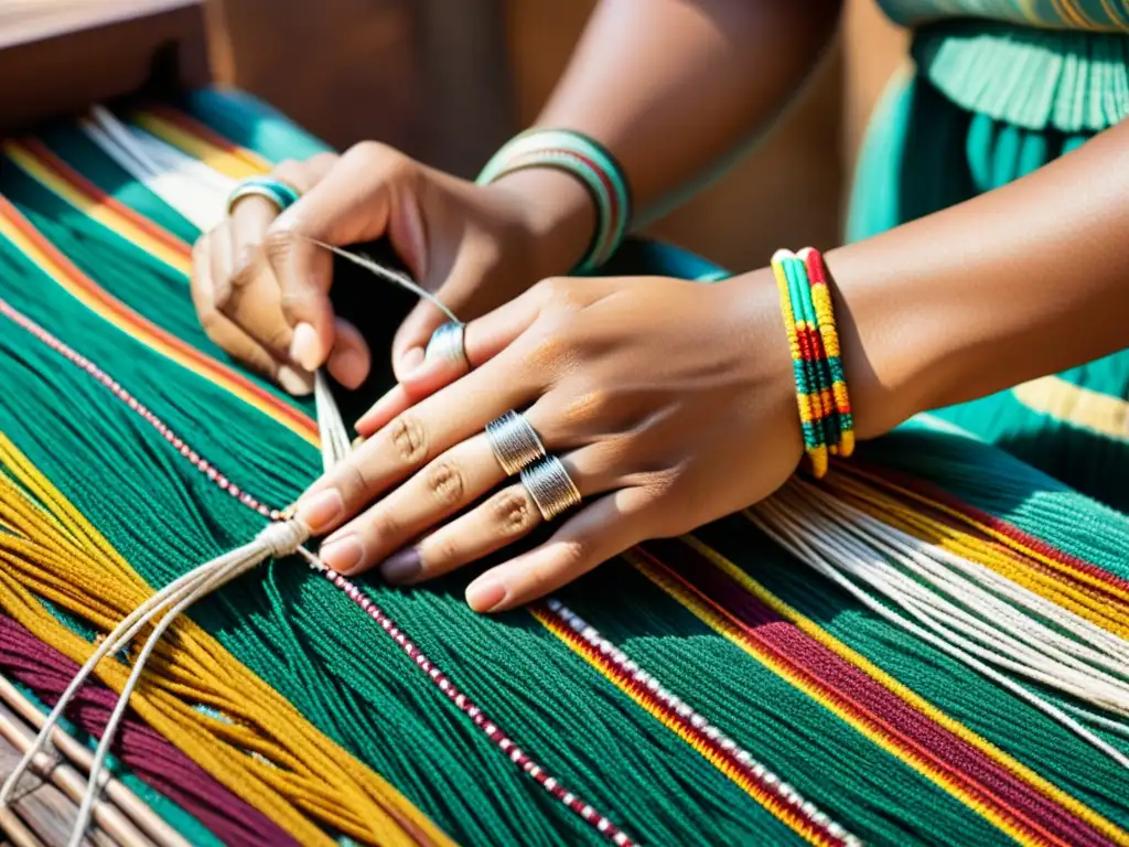 Un artesano experto teje cuidadosamente hilos coloridos en un patrón tradicional, destacando la artesanía autóctona en turismo cultural