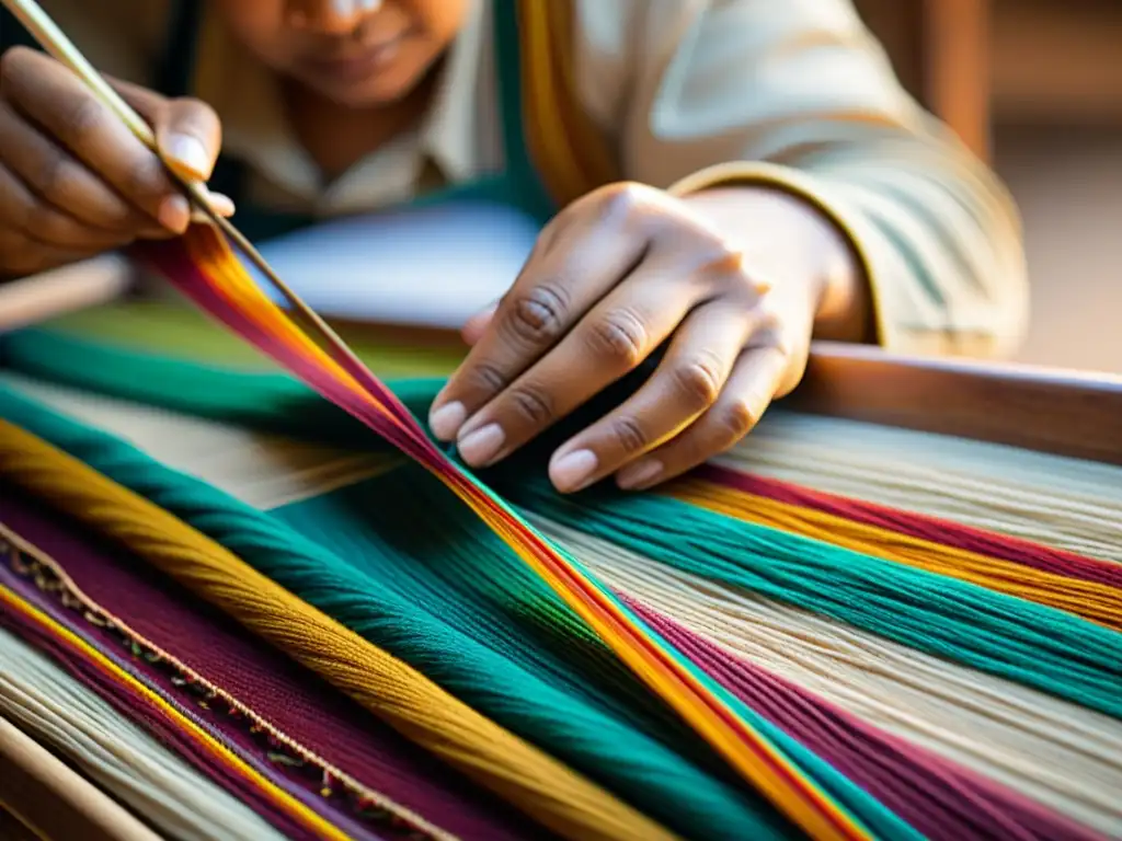 Un artesano experto teje delicadamente hilos coloridos en una hermosa tela tradicional, mostrando la artesanía con calidez y serenidad