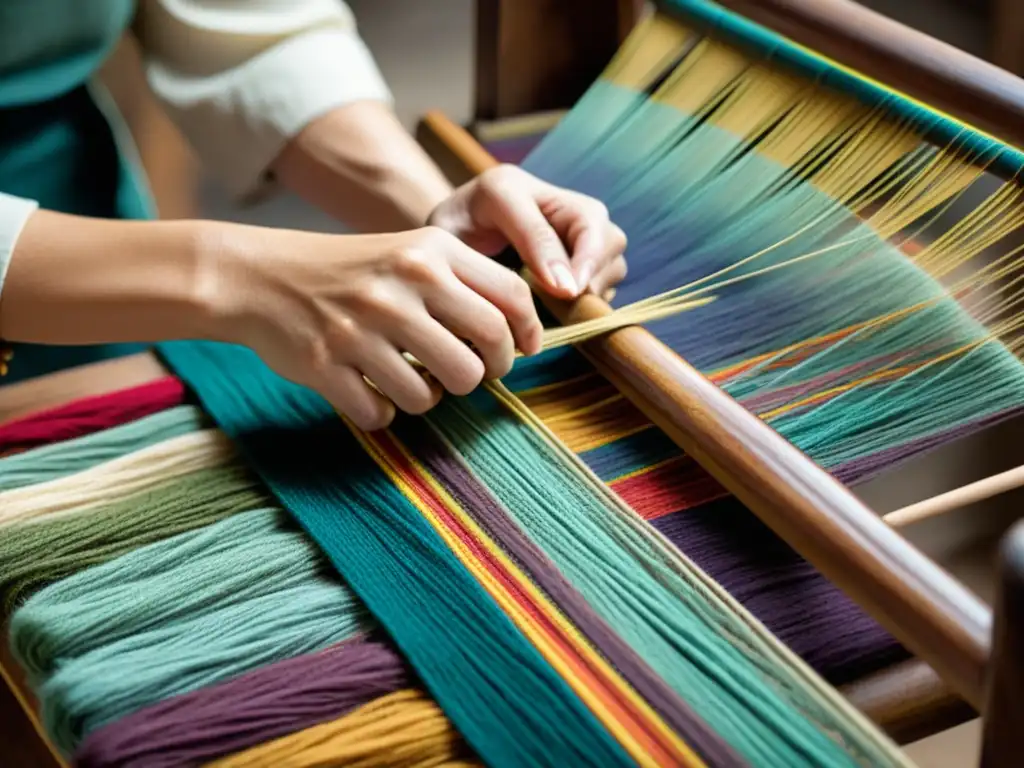 Un artesano experto teje hábilmente hilos coloridos en una obra maestra textil inspirada en el vintage