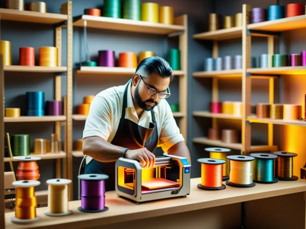 Un artesano experto utiliza una impresora 3D para crear una obra detallada, rodeado de herramientas y filamentos en su taller cálido y acogedor