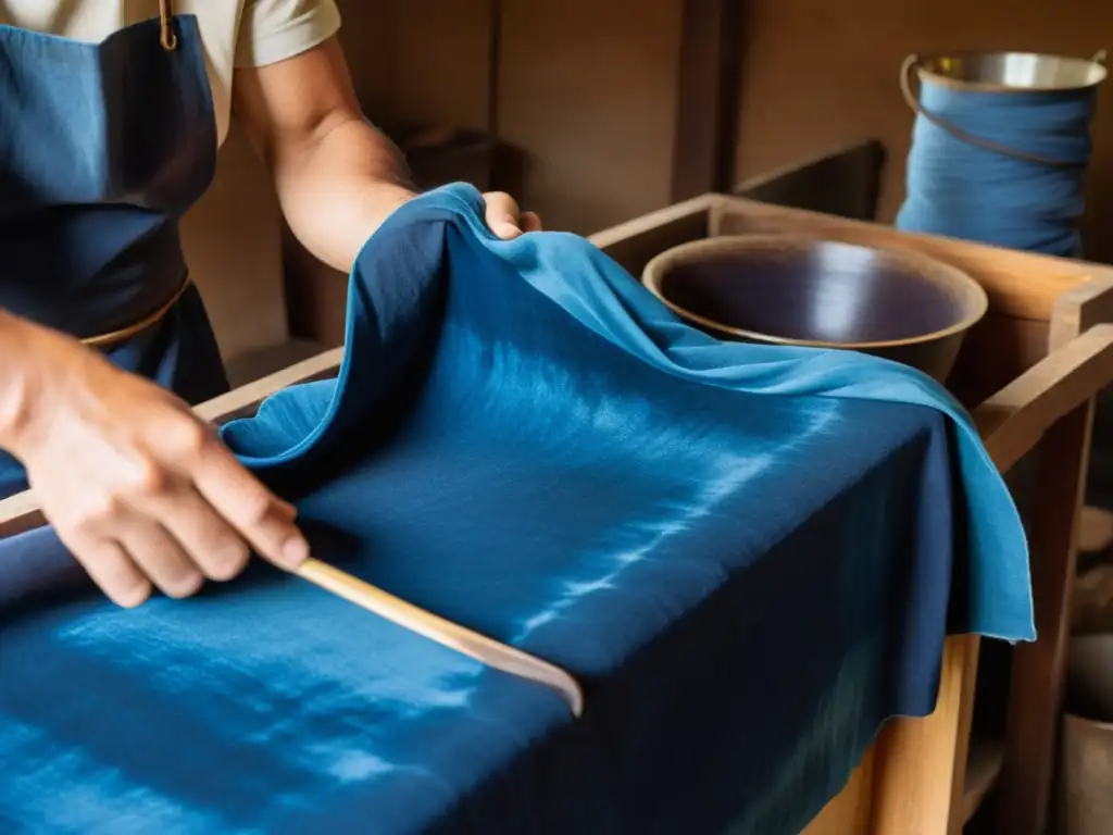 Un artesano experto tiñe tela con índigo natural en un taller soleado