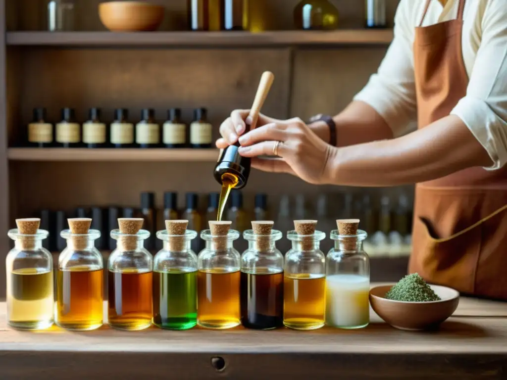 Un artesano experto mezcla meticulosamente ingredientes en botellas de perfume en un taller rústico, evocando nostalgia y elegancia atemporal