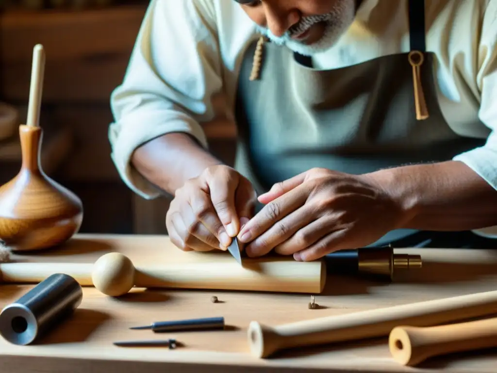 Un artesano experto crea un instrumento musical de madera rodeado de herramientas vintage, transmitiendo la esencia de la artesanía