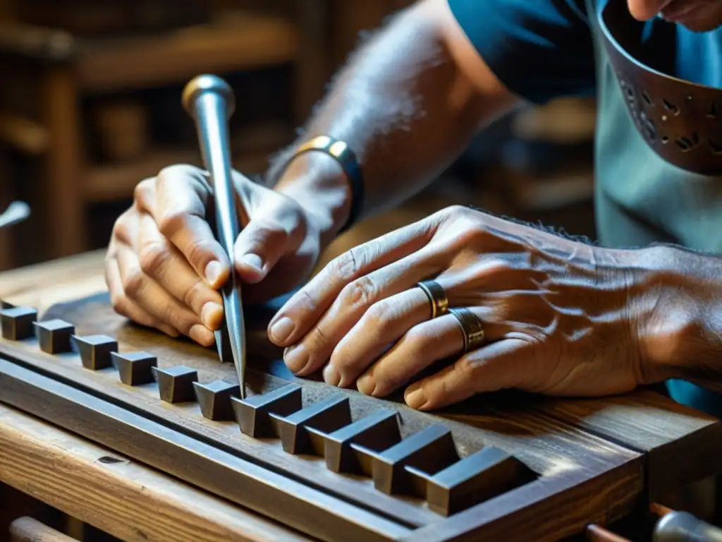 Un artesano experto moldea un instrumento musical único en su taller, evocando la dedicación a las Innovaciones en instrumentos musicales artesanales