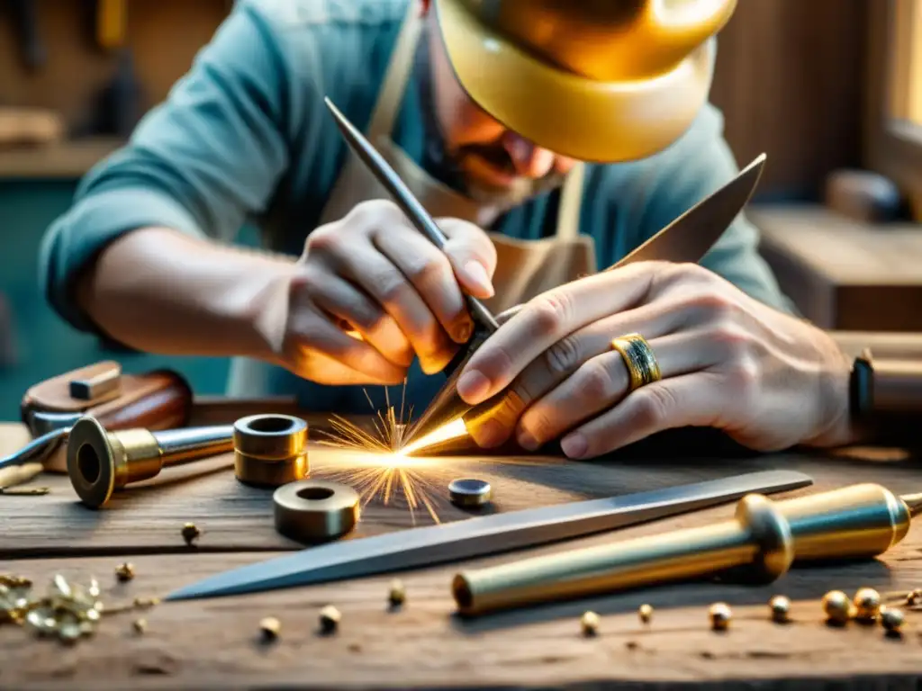 Un artesano experto crea una joya con herramientas vintage en un taller de madera iluminado por luz cálida