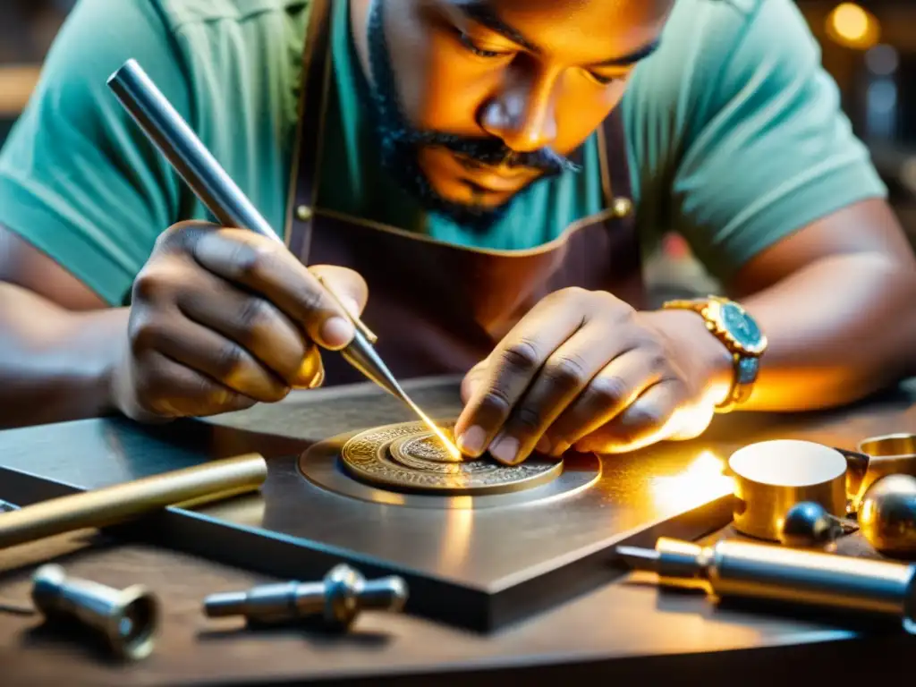 Un artesano experto personaliza una joya rodeado de herramientas vintage