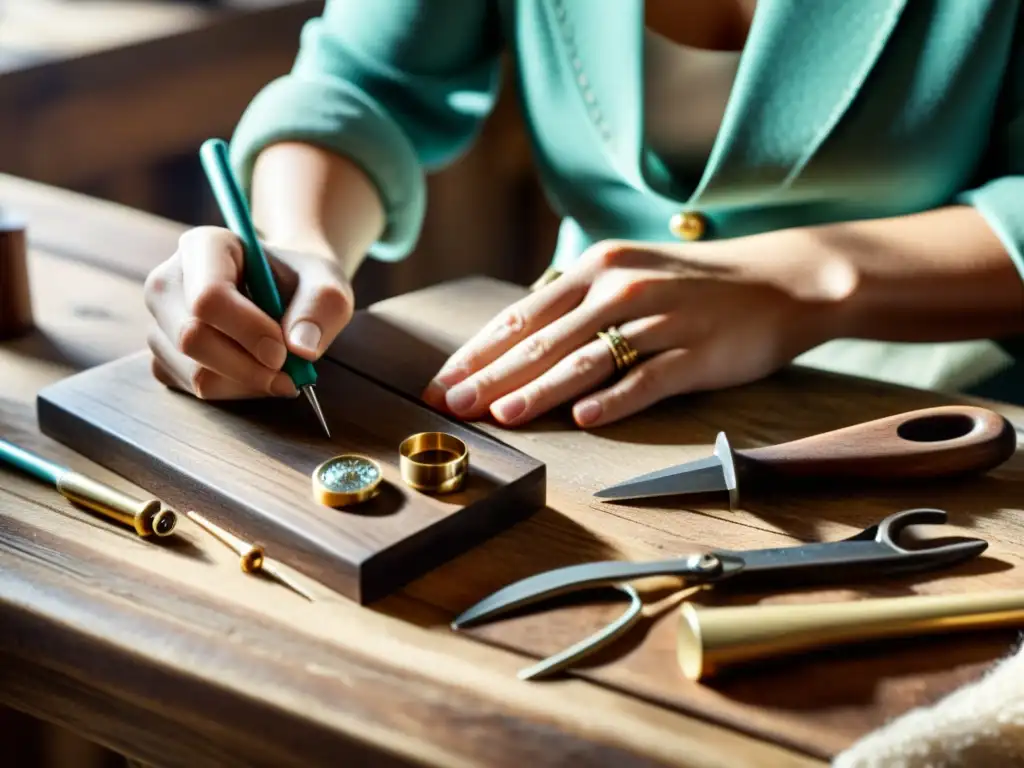 Un artesano experto crea una joya vintage en su taller, resaltando el valor de la artesanía en el mercado digital