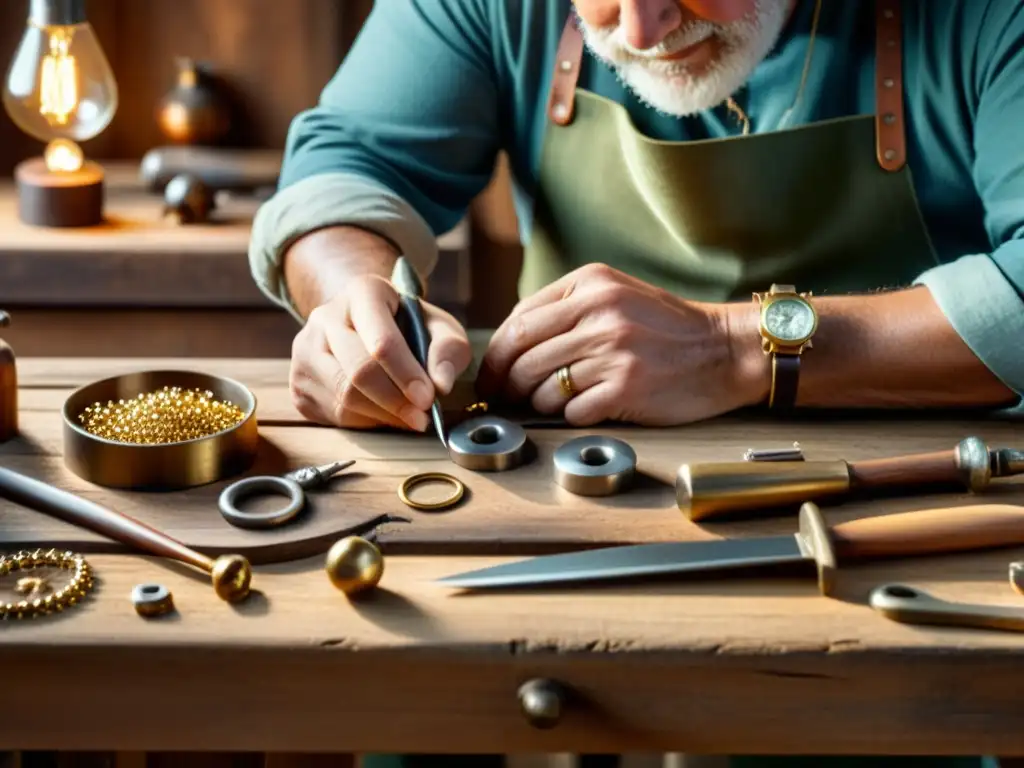 Artesano crea joyería vintage con detalle Artesano experto creando joyería con herramientas vintage en banco de trabajo de madera, evocando tutoriales de orfebrería artesanal digital