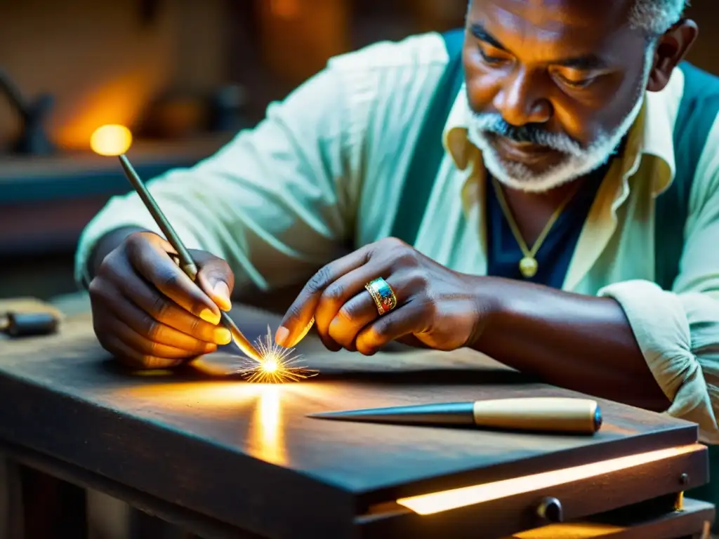 Un artesano experto crea joyería tradicional con destreza, iluminado por una cálida lámpara de taller