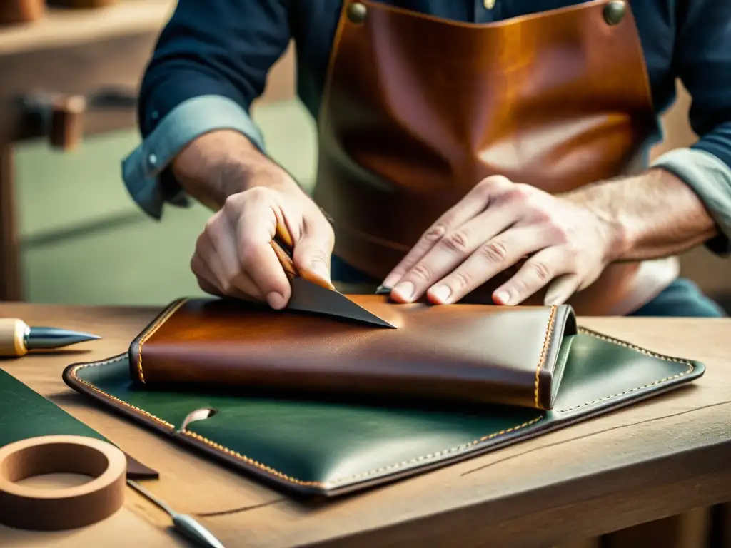 Un artesano experto en marroquinería, meticulosamente cosiendo a mano una cartera de cuero