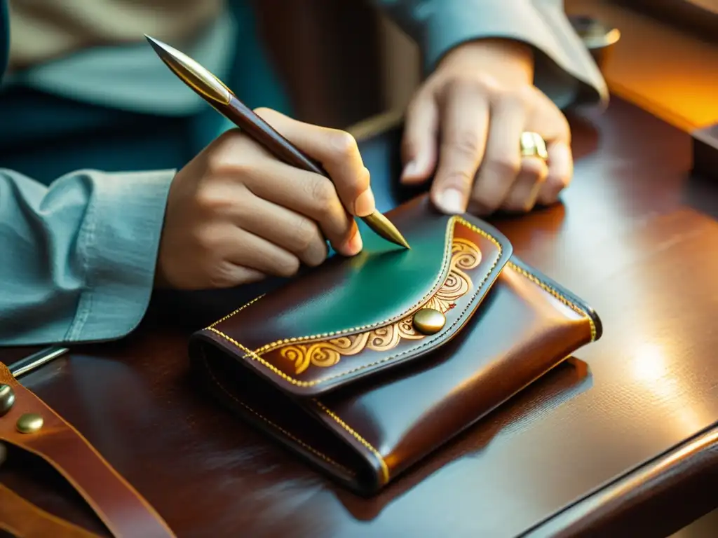 Un artesano experto personaliza a mano una cartera de cuero vintage, destacando la meticulosa artesanía y la dedicación