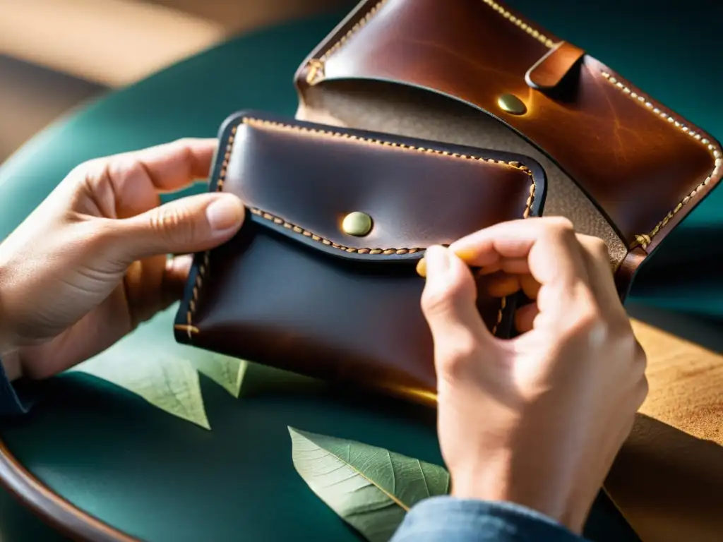 Un artesano experto crea a mano una cartera de cuero, destacando la artesanía con una luz suave