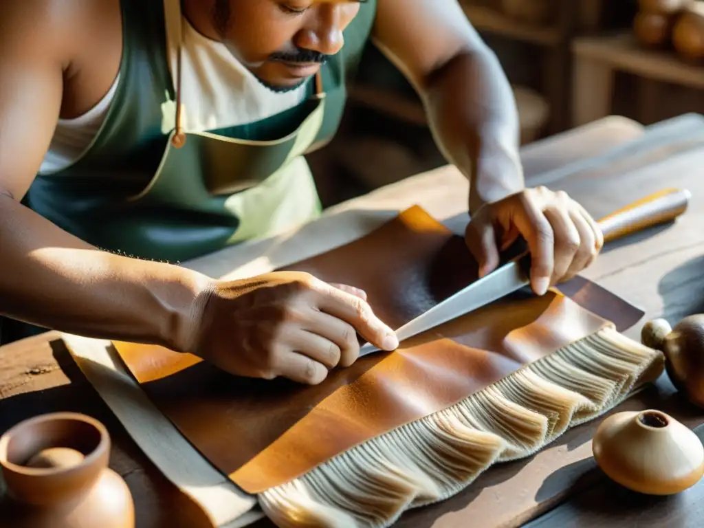 Un artesano experto confecciona a mano cuero vegano de hongo en un taller cálido y acogedor, mostrando la artesanía detrás de este innovador material