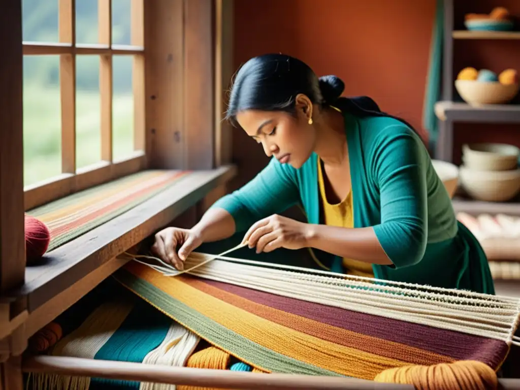 Un artesano experto tejiendo a mano con fibras naturales, rodeado de colores vibrantes