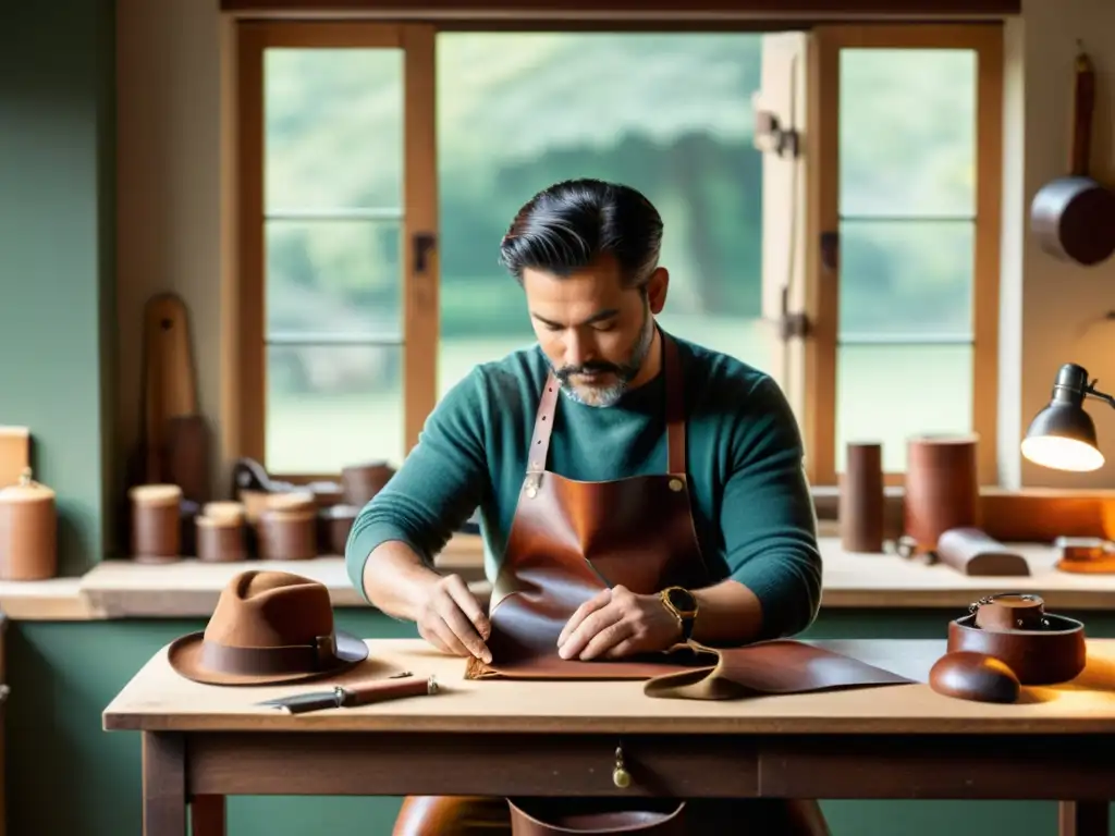 Un artesano experto en marroquinería, cosiendo a mano una hermosa bolsa de cuero en un taller iluminado por la cálida luz del sol