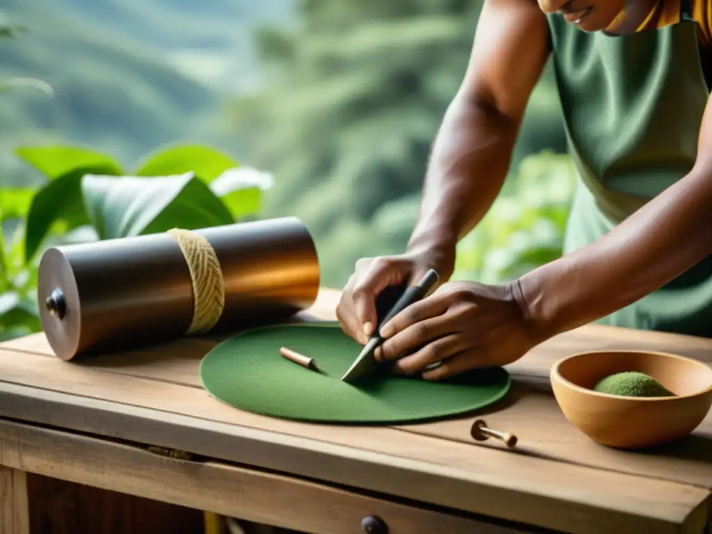 Artesano experto creando producto a mano en entorno natural Un artesano experto moldea a mano un producto, rodeado de exuberante naturaleza