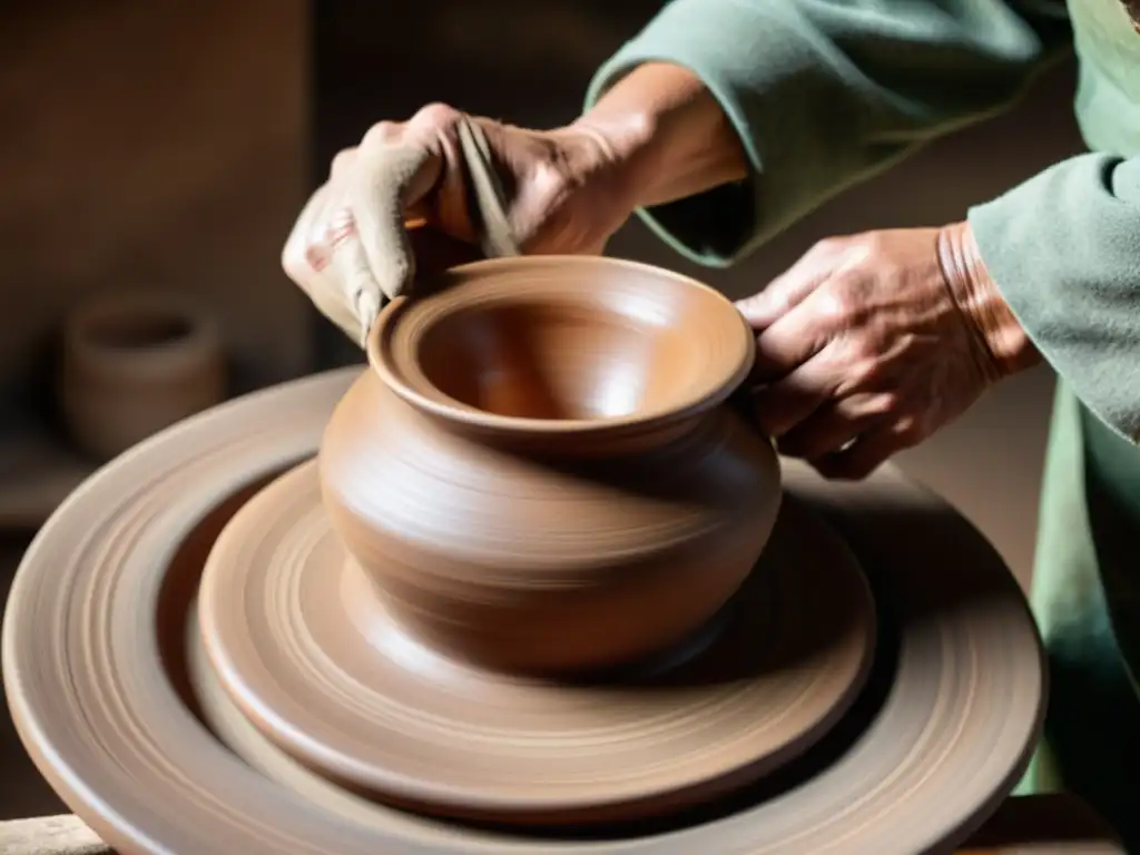 Un artesano experto moldea a mano una vasija de arcilla en una rueda de alfarería, evocando la artesanía tradicional