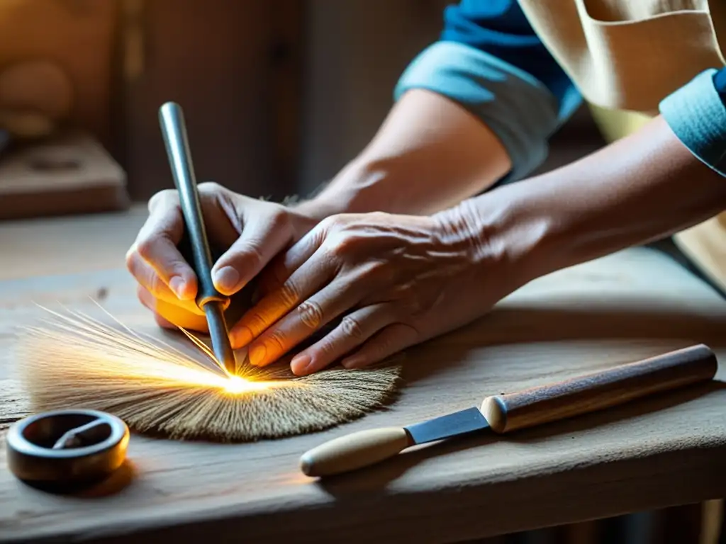 Un artesano experto crea con sus manos una obra detallada bajo la cálida luz natural, evocando tradición y estrategias de video marketing artesanal