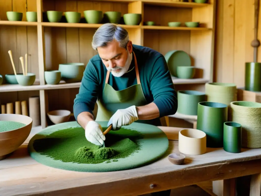 Un artesano experto crea materiales de construcción artesanales con algas en un taller rústico, fusionando tradición y modernidad