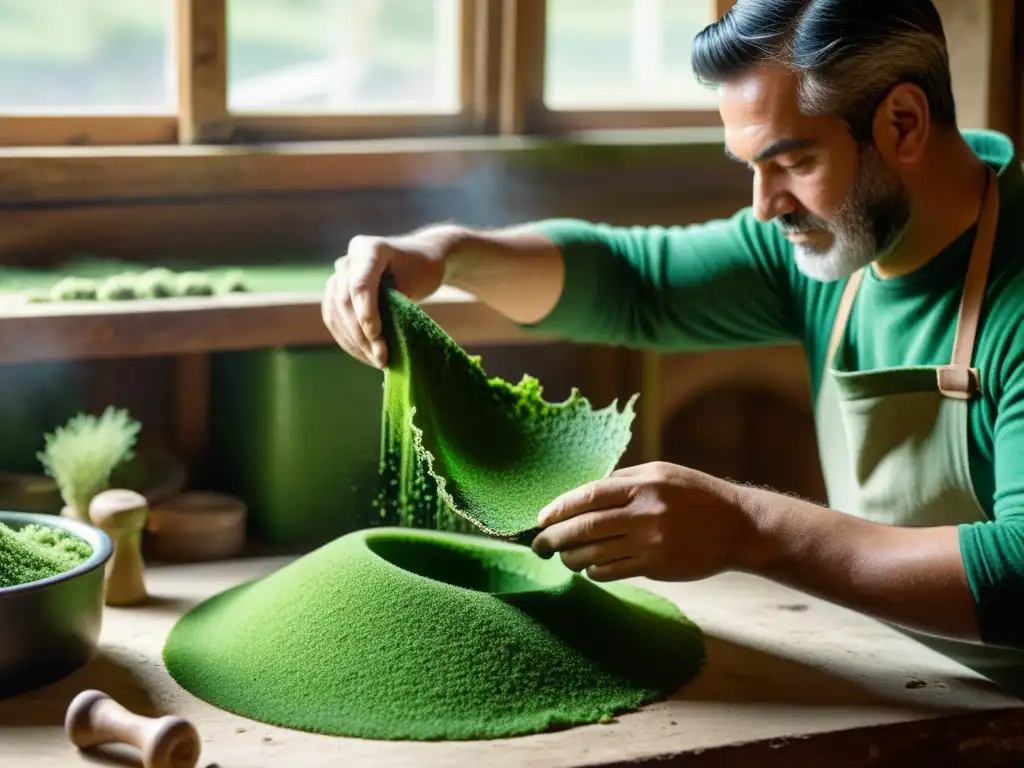 Un artesano experto mezcla materiales de construcción artesanales con algas en un taller vintage, creando una atmósfera nostálgica y atemporal