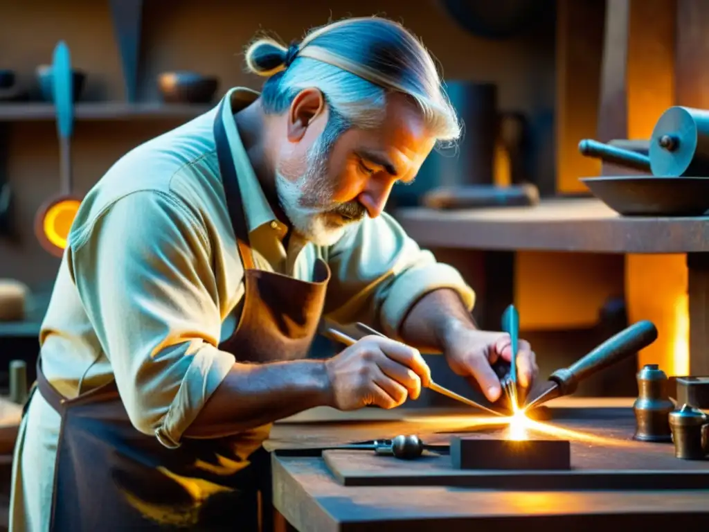 Un artesano experto trabaja con metales, creando diseños intrincados con herramientas tradicionales de orfebrería en un taller cálido y acogedor