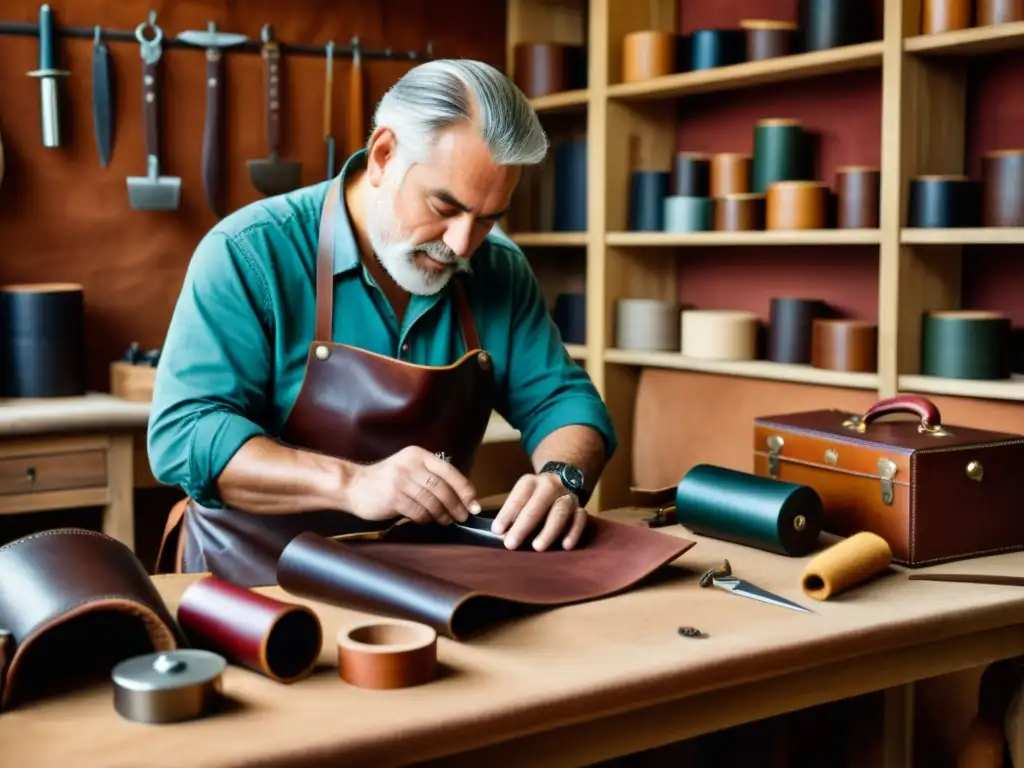 Un artesano experto elabora con meticulosidad un accesorio de cuero utilizando técnicas tradicionales, rodeado de pieles y herramientas vintage