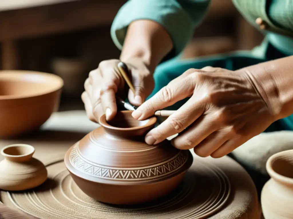 Un artesano experto trabaja con meticulosidad en su taller, creando piezas de artesanía tradicional en la era digital