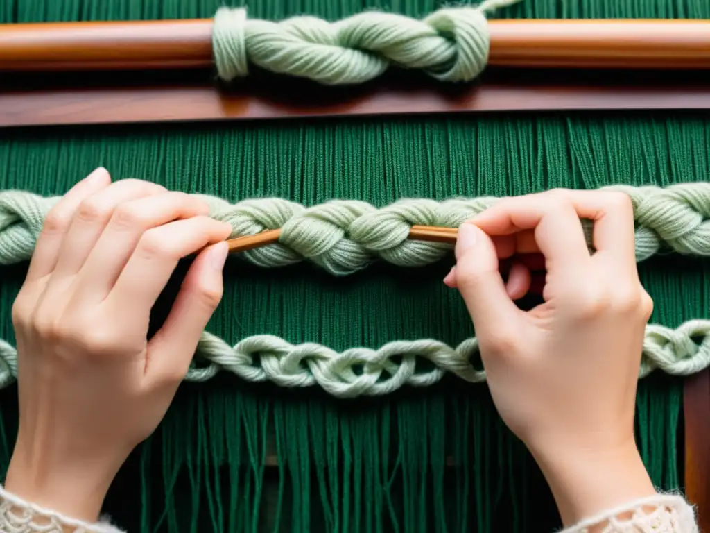 Un artesano experto teje nudos de macramé con destreza, fusionando tradición y diseño digital en un taller de macramé