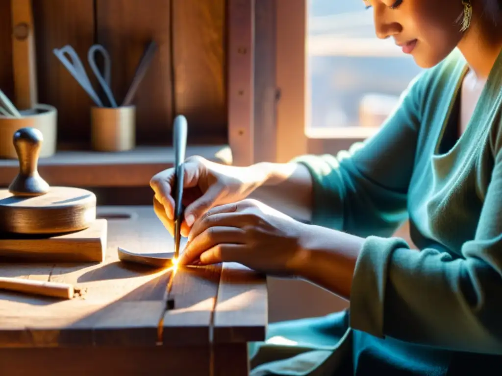 Un artesano experto crea una obra de arte tradicional, con una luz cálida y nostálgica iluminando el ambiente