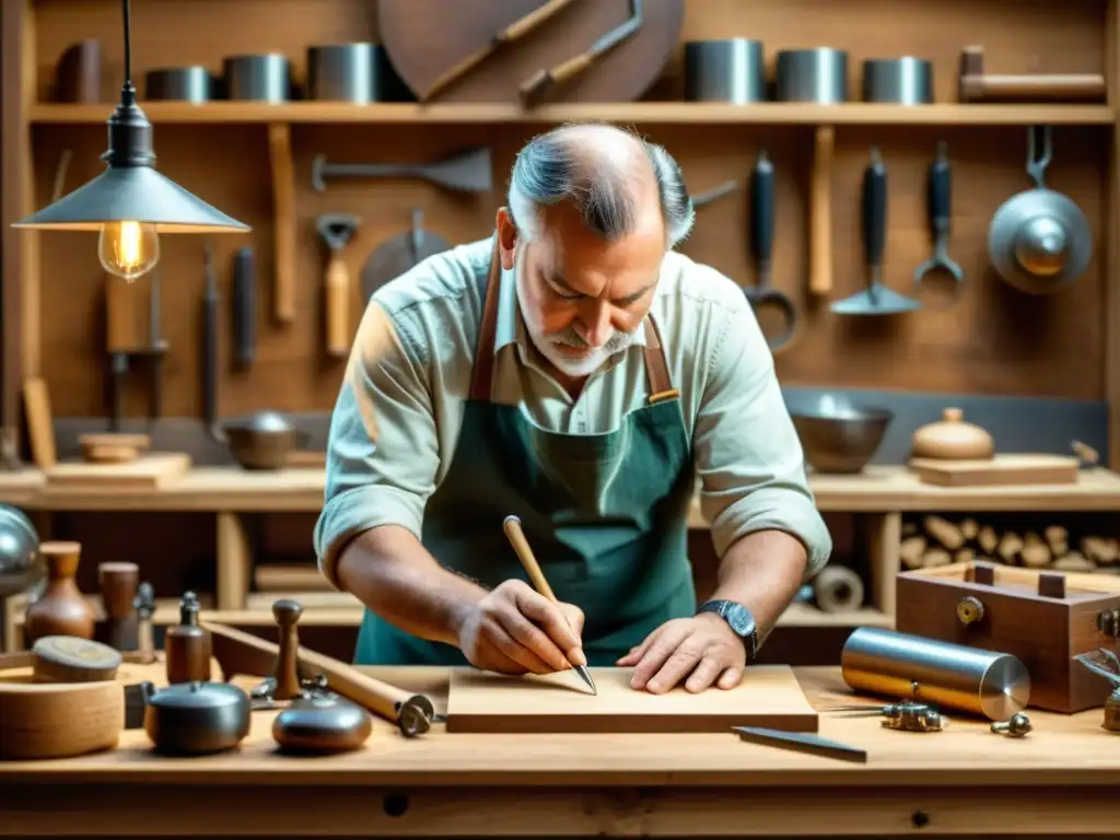 Un artesano experto crea una obra de arte rodeado de herramientas vintage